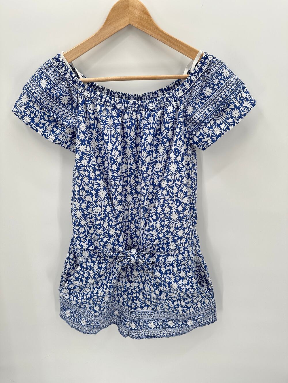 VINEYARD VINES Women's Otomi Print Blue & White Tie Front Cotton Romper // S